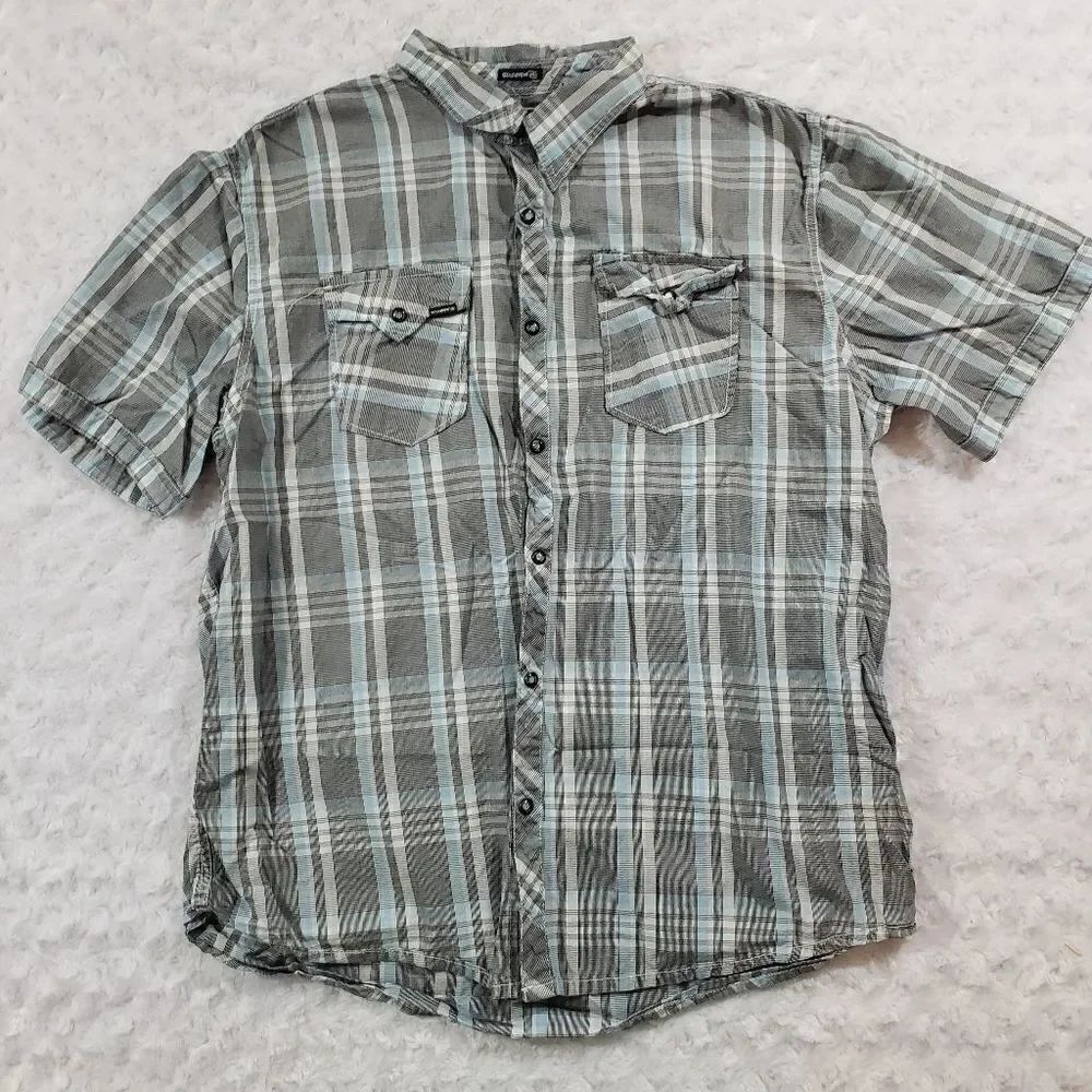 Ocean Current size XL blue and grey plaid snap button short sleeve shirt